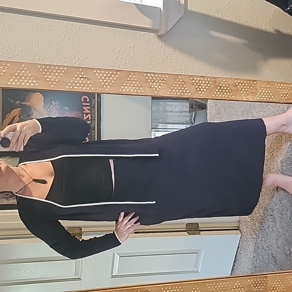 STUNNING DIALOGUE NAVY AND WHITE TRIM CARDIGAN AND SKIRT SET